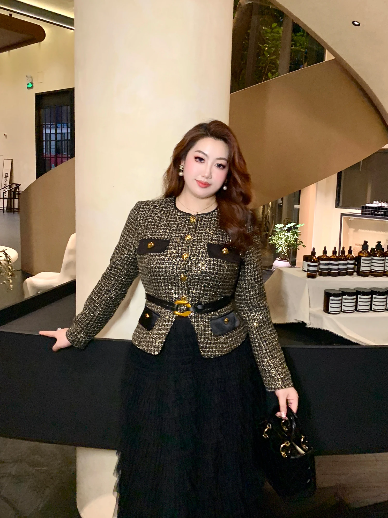 

GLEC, женский модный комплект больших размеров, юбка-тортик с высокой талией, твидовый тюнер, осенне-зимний наряд, повседневная одежда для поездок на работу