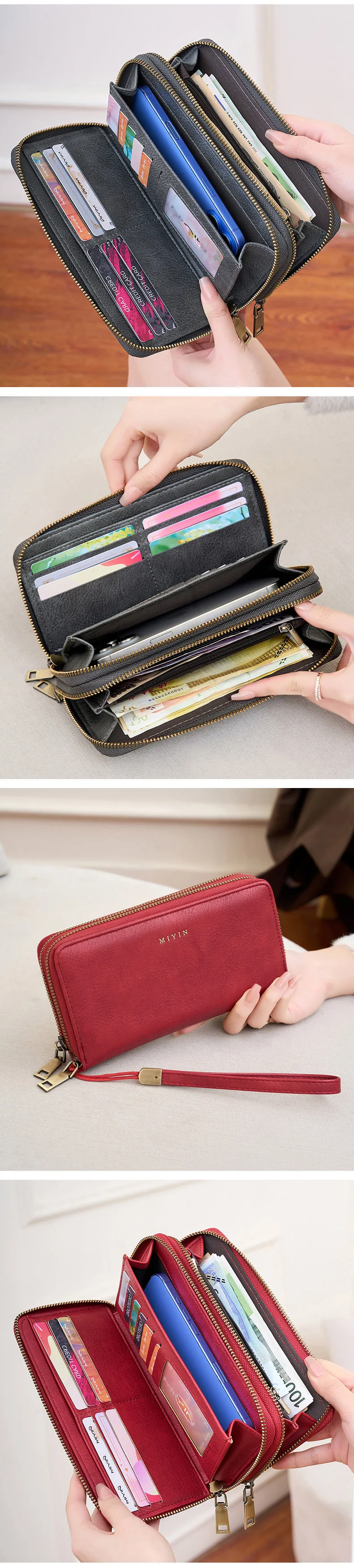MIYIN Damen-Geldbörse, RFID-Abschirmung, Doppelreißverschluss, Damen-Clutch, Retro, minimalistisch, multifunktional, mit mehreren Kartenfächern, Kartenhalter – Detail 6