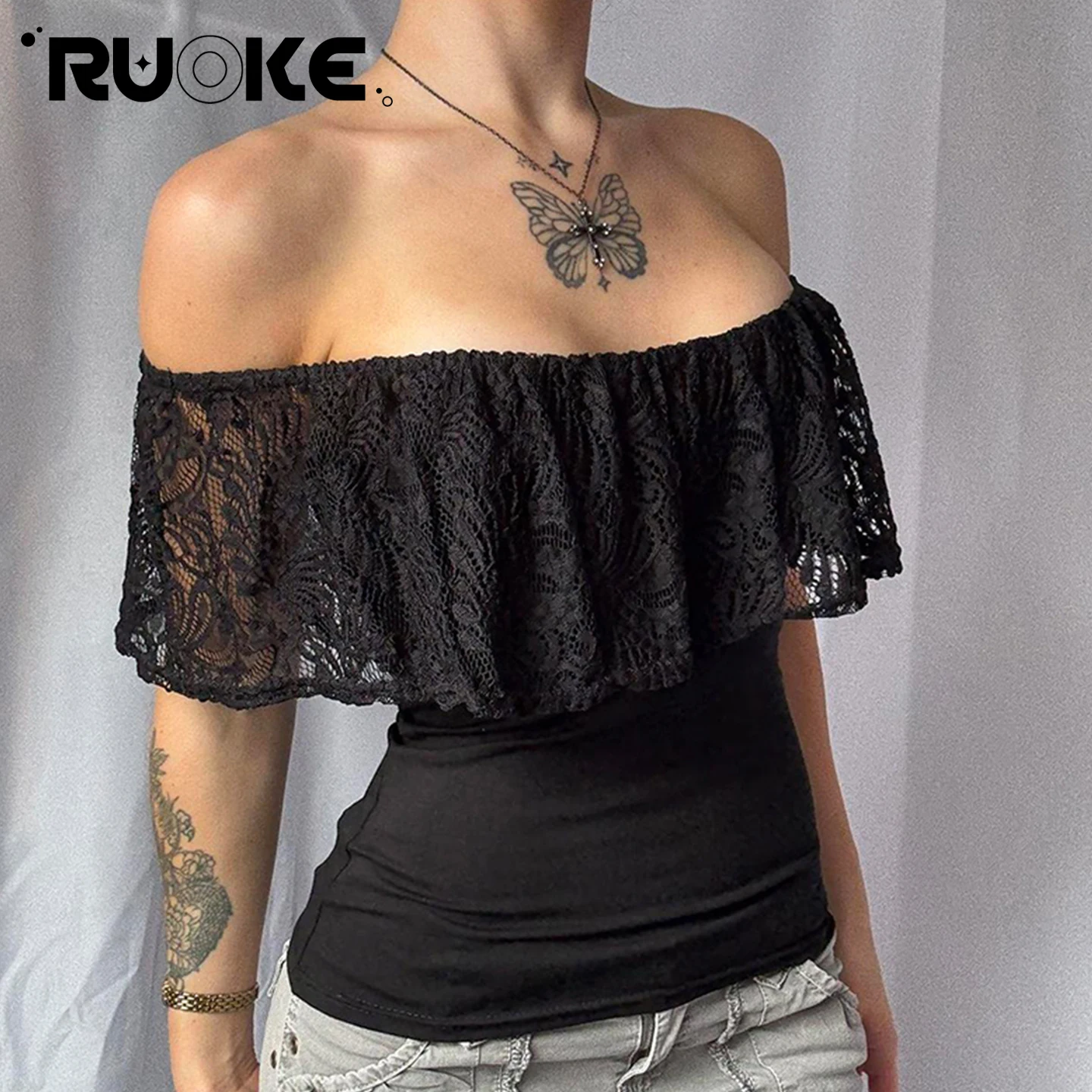 

[RUOKE] Sexy Off Shoulder Lace Crop Top Women Ruffle Blouse Summer Slash Neck T-shirt Slim Fit Tube Top Going Out Party Date Y2K
