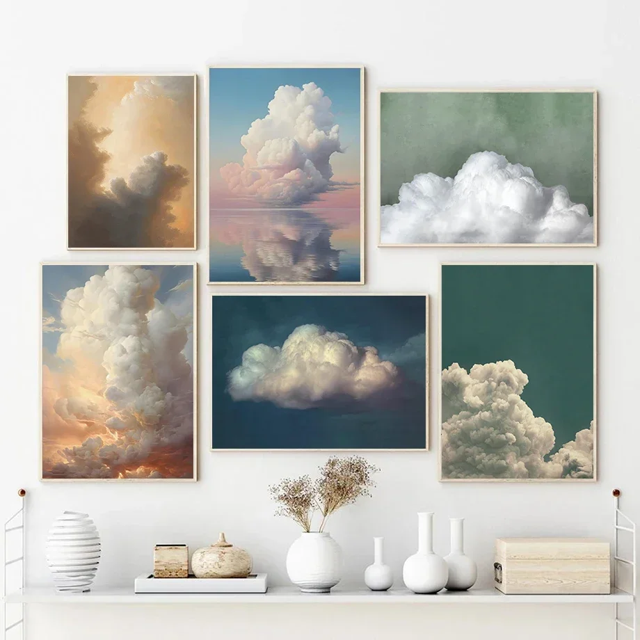 1PCS frameless Vintage Pastel Cloud Poster Beautiful Sky Landscape Canvas Painting Abstract Wall Art for Nursery Living Room Hom