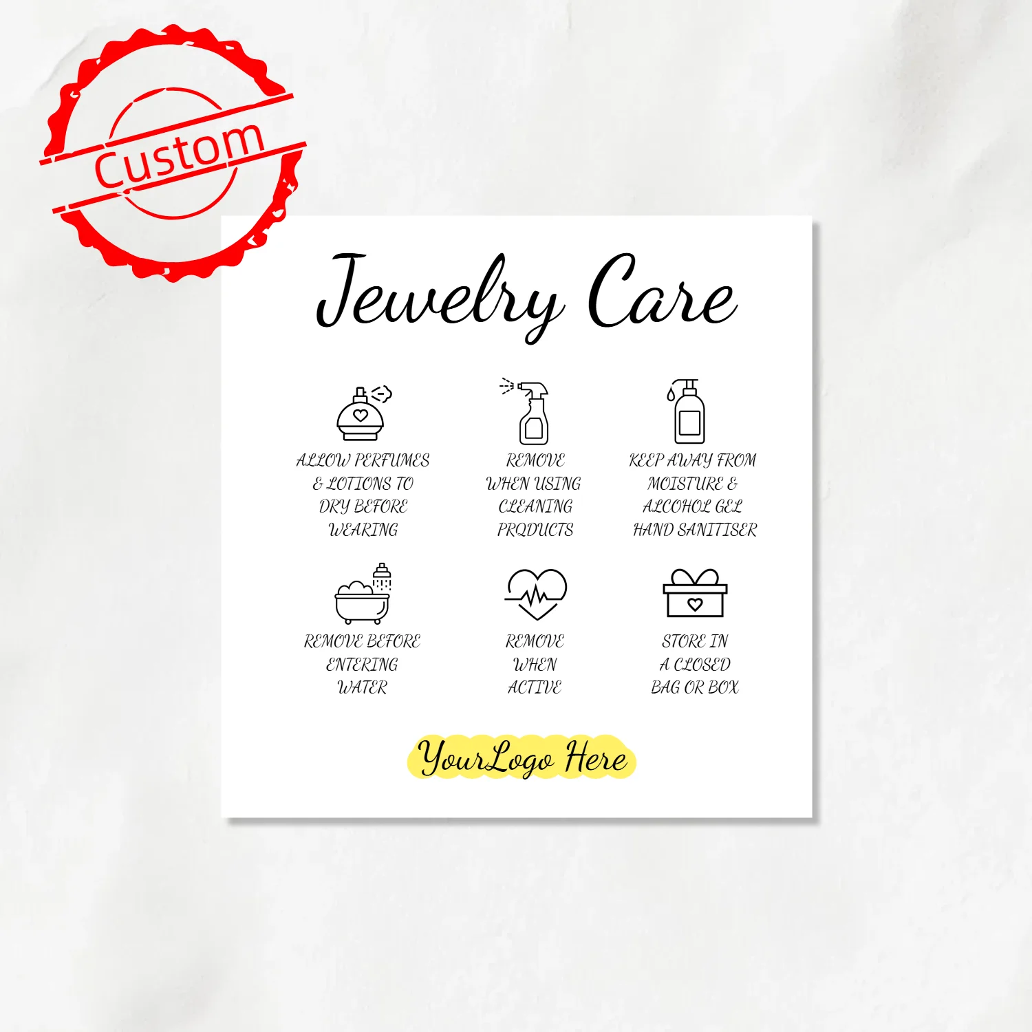 8.5x8.5cm Custom Jewelry Care Cards Logo Personalize White Jewelry Nail Display Cardborad Paper Accessories