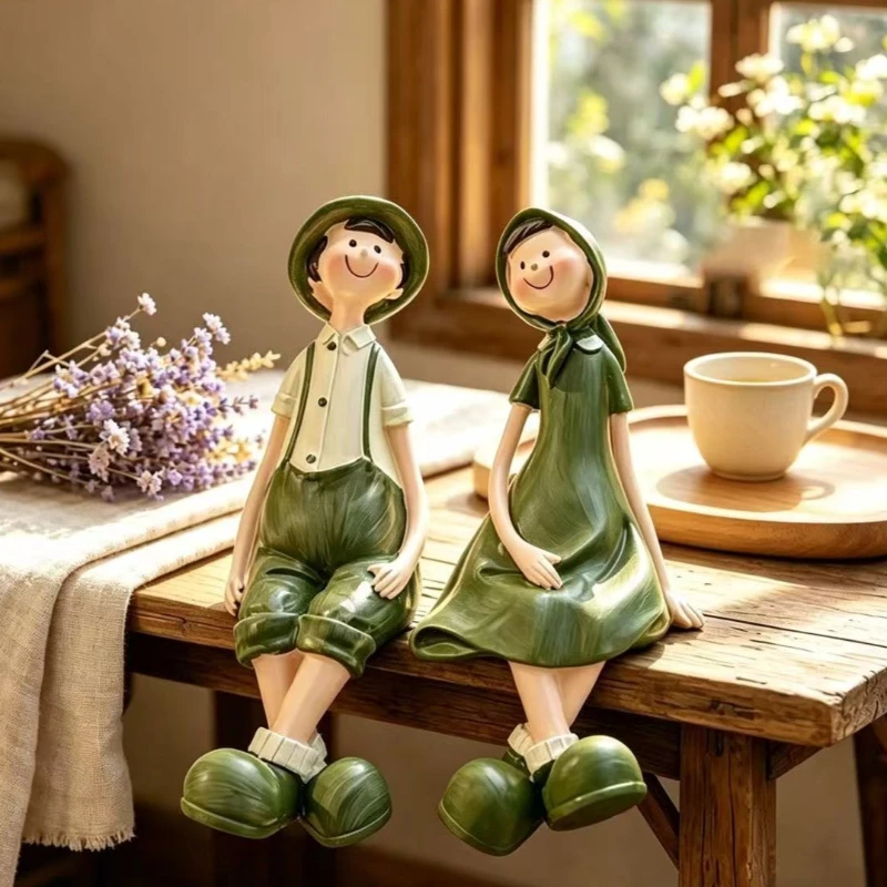 2Pcs Set Rural Style Couple Sitter Figurines Resin Couple Doll Ornaments for Garden Windowsill Home Tabletop Decor Wedding Gift