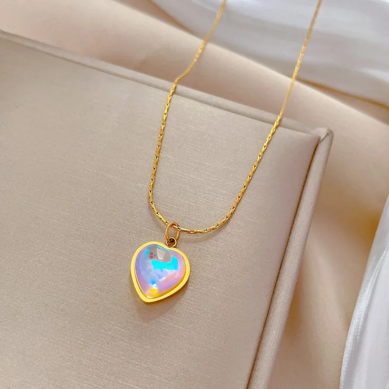 OIMG 316L Stainless Steel Gold Plated Romantic Aurora Gradient Heart Pendant Neckalce For Women Eternal Love Birthday Jewelry