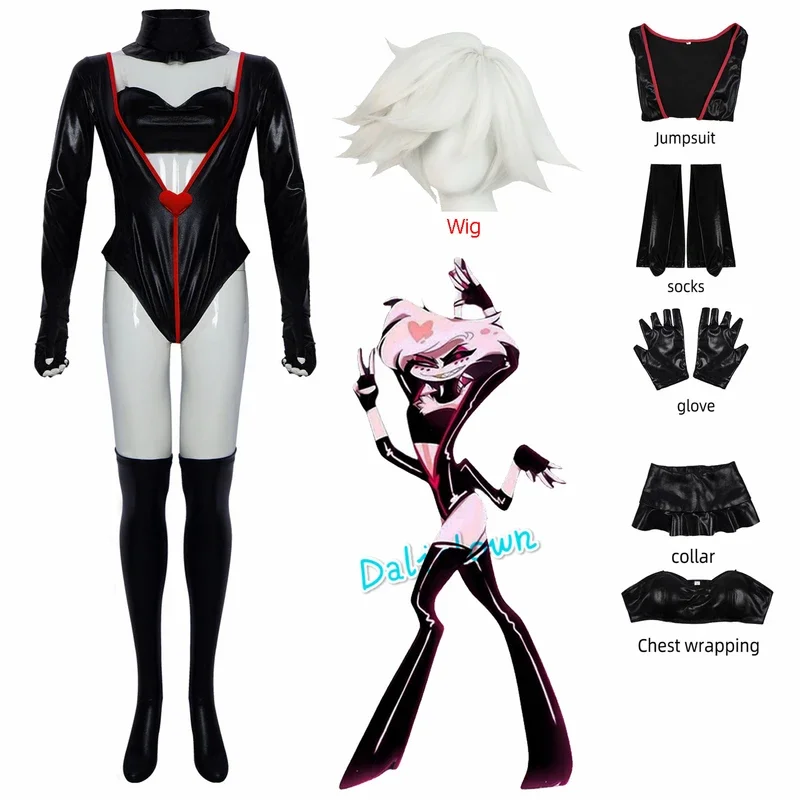 Hazbin Cosplay Hotel Dust Angel Cosplay Costume Wig Anime Sexy Women Bodysuit Halloween Carnival Christmas Party Outfit Suit