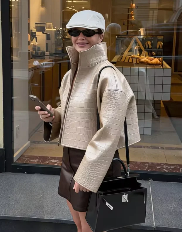 Women Crocodile Embossed Faux Leather Cropped Jacket Stand Collar Loose Solid Streetwear Outerwear
