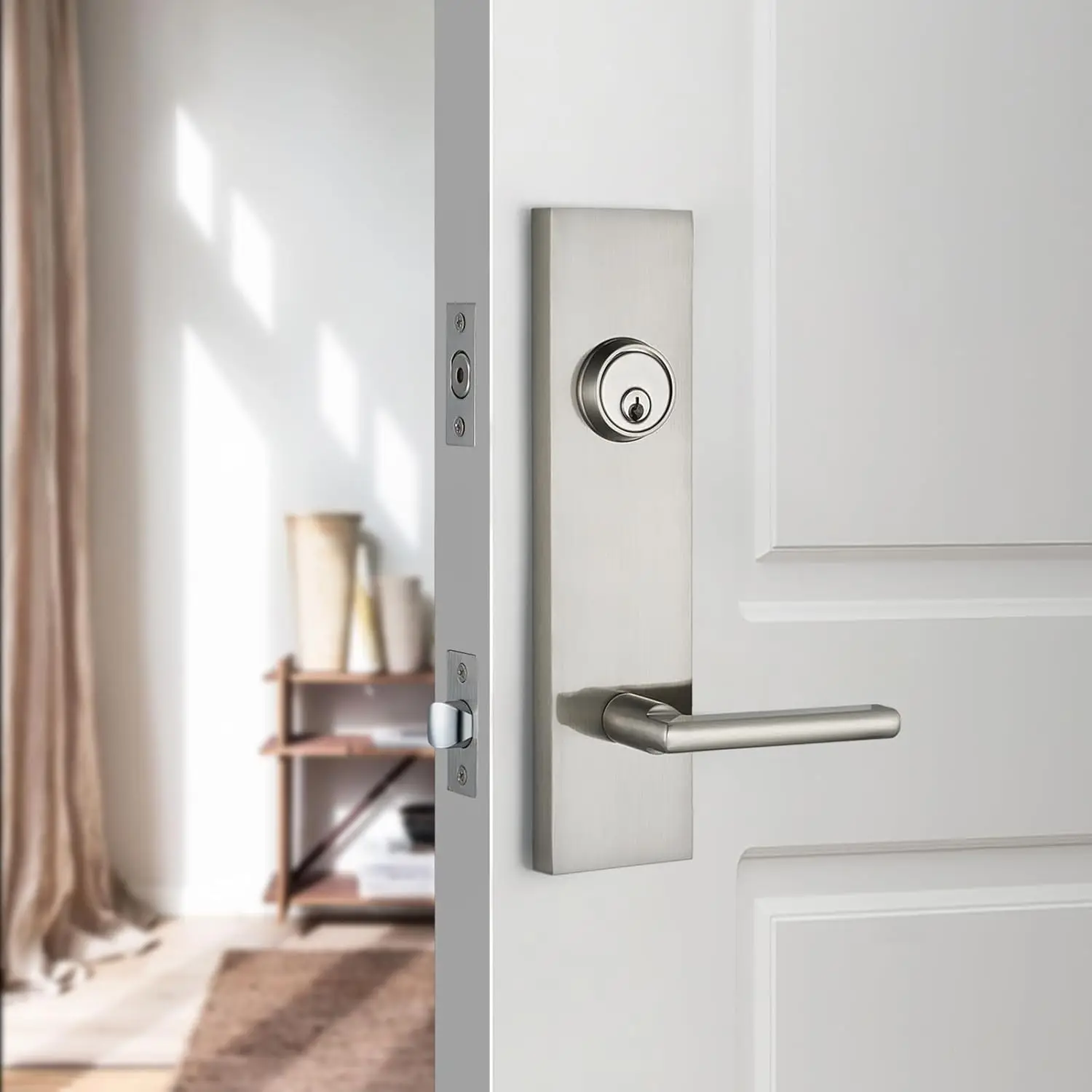 مقبض الباب الأمامي من النيكل الساتان - مجموعة قفل الدخول الحديثة مع ديدبولت، رافعة الباب الخارجي 3 مفاتيح لليد اليسرى واليمنى #2