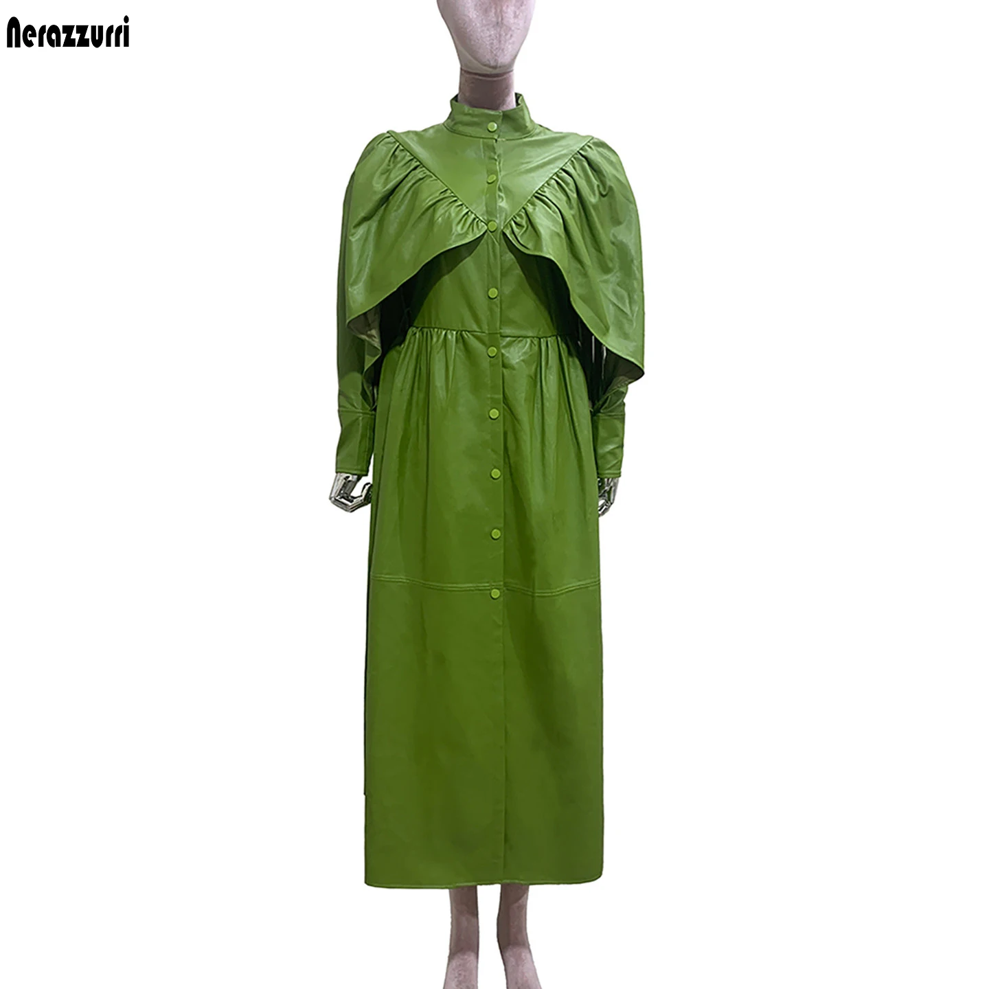 Nerazzurri Autumn Long Gren Pu Leather Trench Coat for Women with Ruffled Bat Sleeve Elegant Chic Luxury Designer Clothes 2026