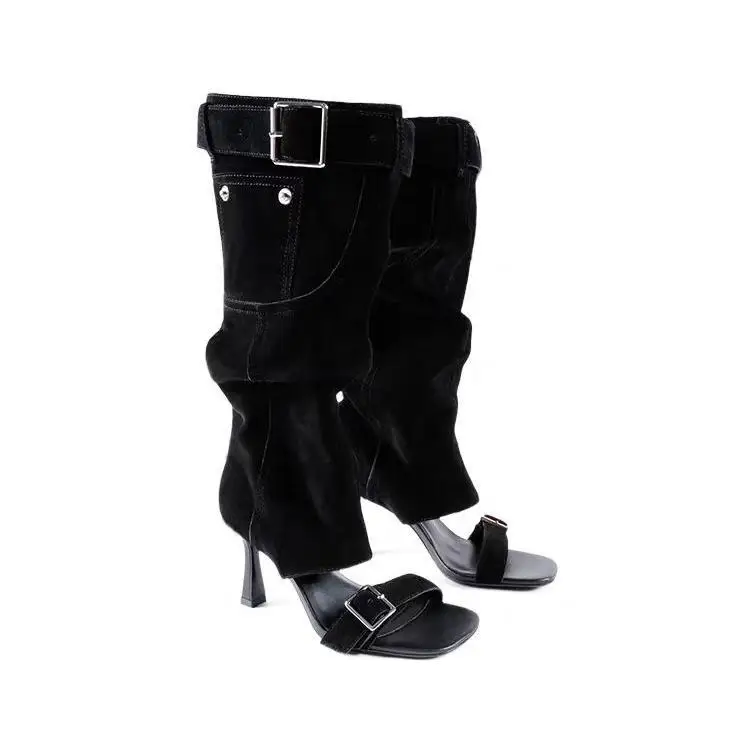 

Retro Style Square Toe Knee-High Belt Buckle Summer Women Sandals Boots Stiletto High Heels Buckle Strap Design Large Size Shoes