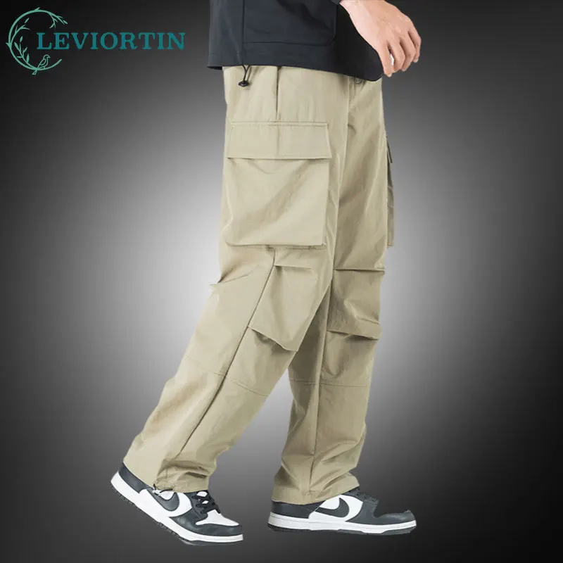 High Street Men Functional Quick-Dry Tactical Cargo Pants American Style Sold Color Multi-Pocket Loose Straight Leg Work Pants