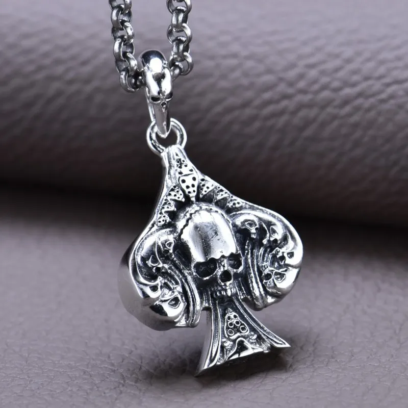 BOCAI New S925 Sterling Silver Retro Personality Spade A Skull Pendant Men's Gift