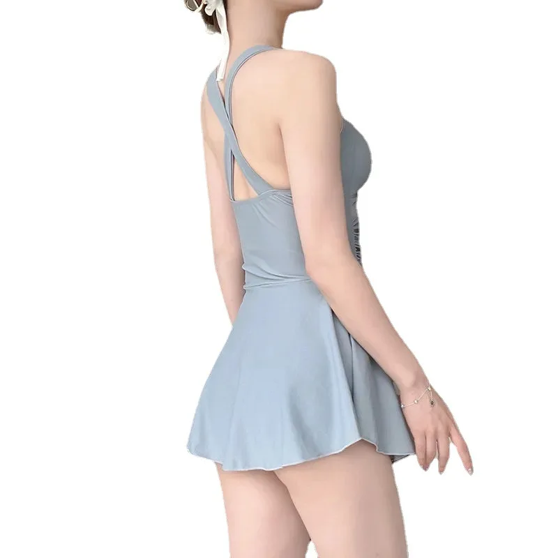 Swimming Suit for Women Solid Color Slimming One-piece Dress Style Conservative Waist Tightening Slimming Vacation Swimsuit image 4