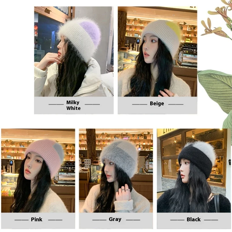 2025 New Color Matching Edge Beanies for Women Warm Soft Cute Plush Winter Hat White Thickened Protection Skullies Knited Hat