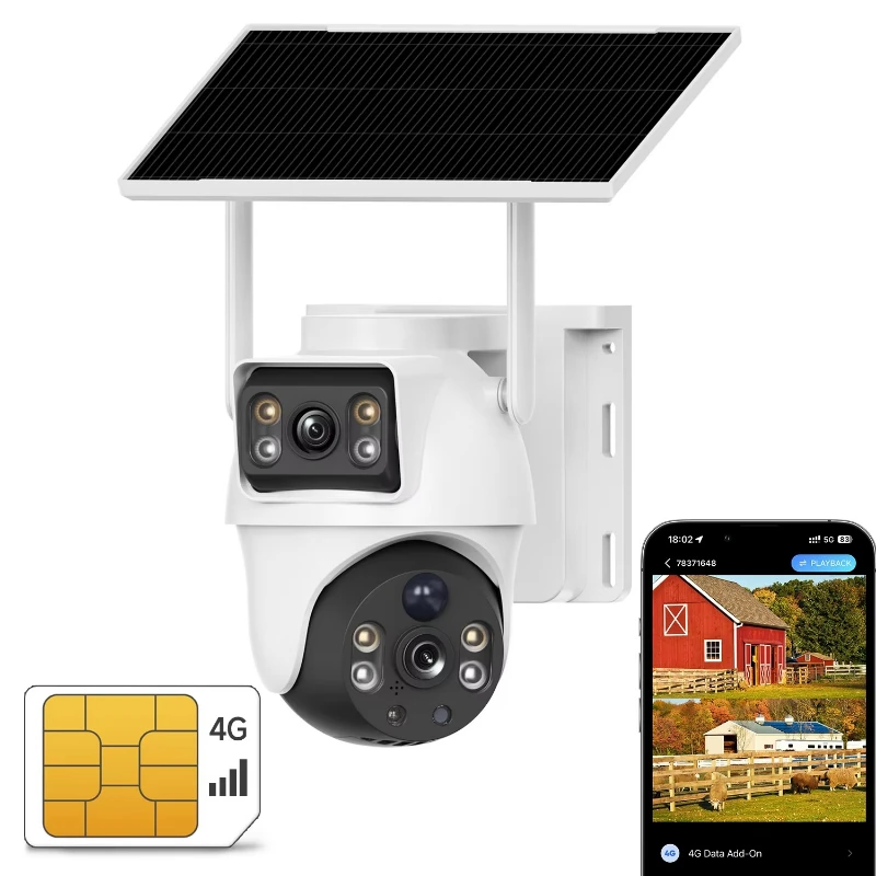Outdoor, solar-powered CCTV camera with two-way audio, night vision, and cloud storage, 4G wireless IP security system