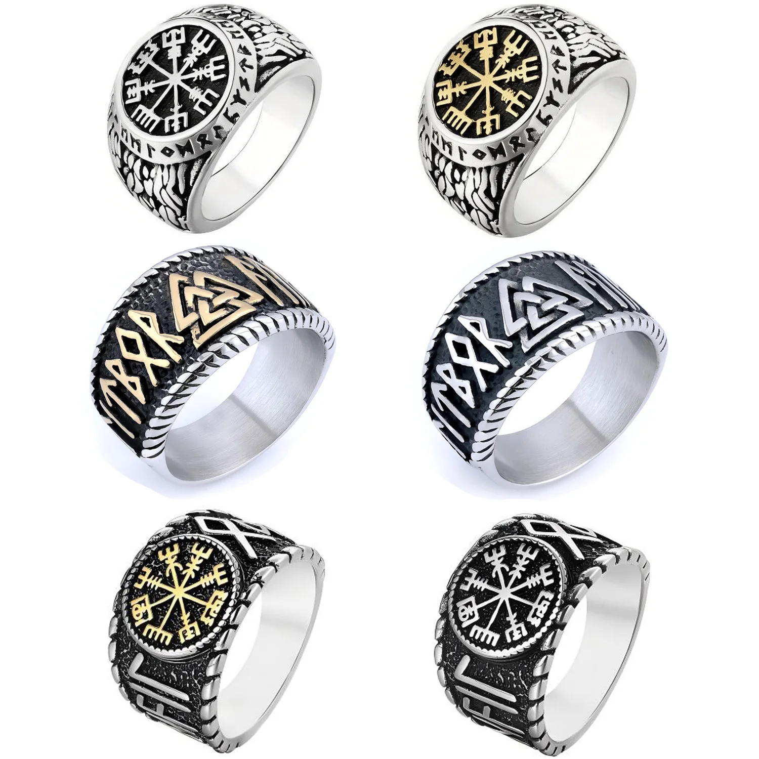New Retro Trend Nordic Mythology Viking Compass Stainless Steel Men's Ring Viking Rune Personality Ring