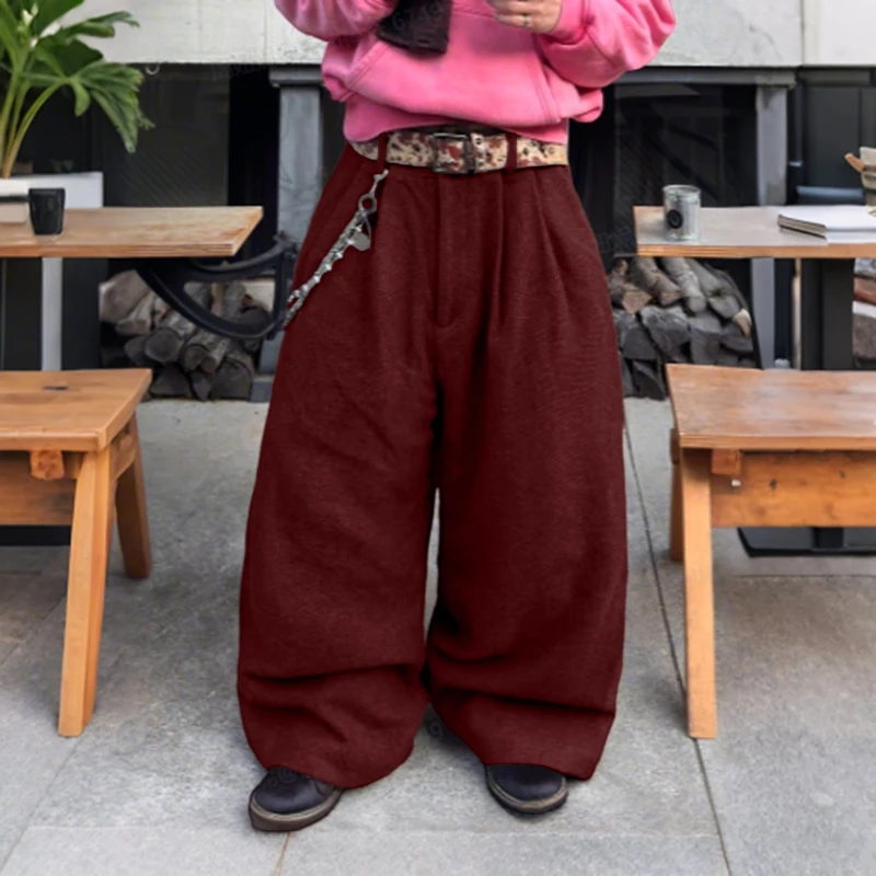 INCERUN Men Pants Solid Color Button Joggers Loose Casual Wide Leg Trousers Men Pleated Streetwear 2025 Fashion Long Pants S-5XL