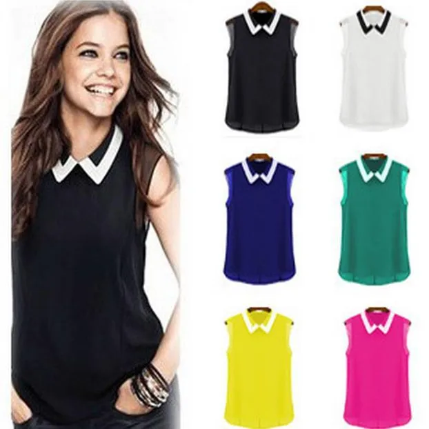 

Summer Women's Peter Pan Collar Chiffon Blouse T-irt Top Straight Cut Lace Splice Svel Regular Length Color