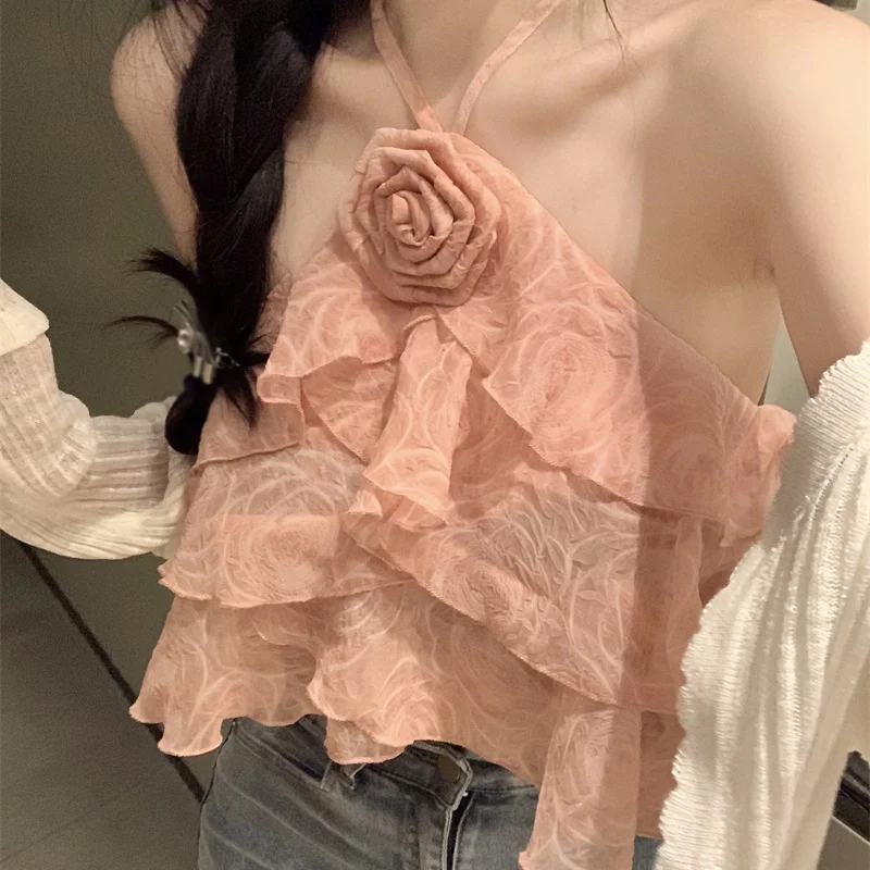 Halterneck Suspender Top Women Sleeveless Camisole Sweet Flowers Design Ruffle Neck Backless Sweet And Spicy Hot Girl Streetwear