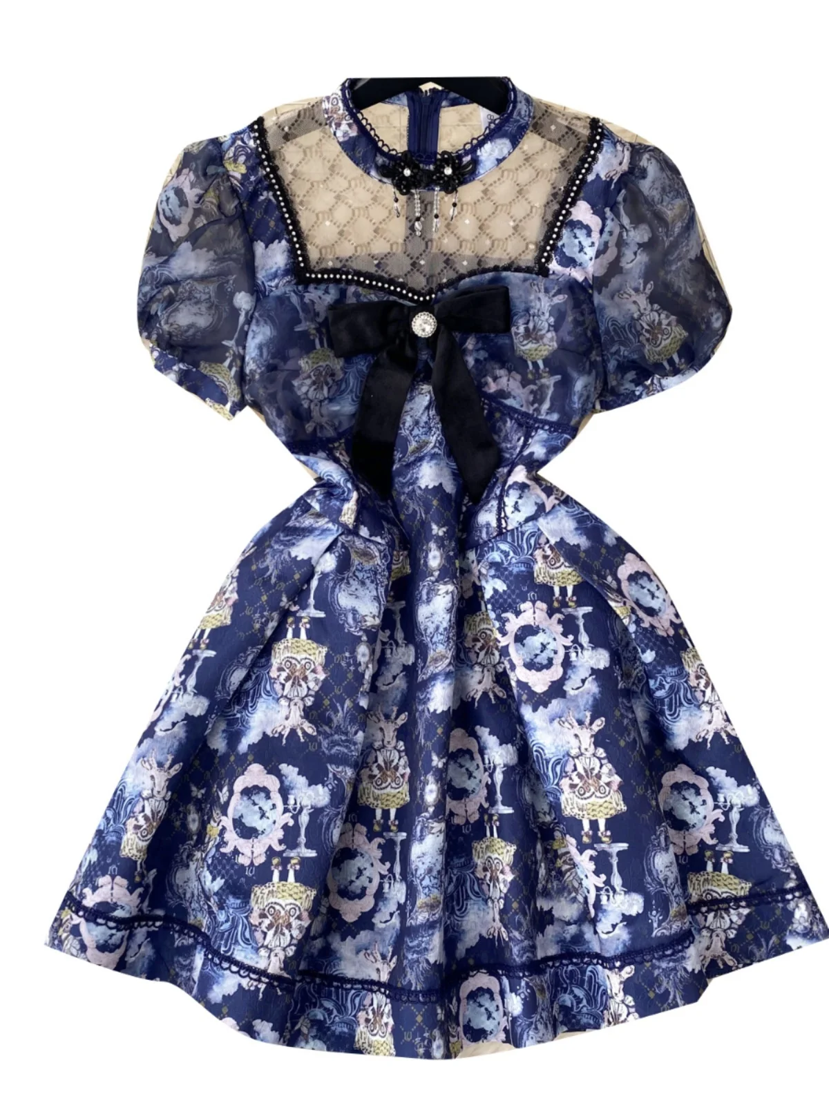 Floral Print Me Splice Bubble Sve Stand Collar ort Dr Women's Waist Cinching Slimming A-Line Princ Skirt Dr