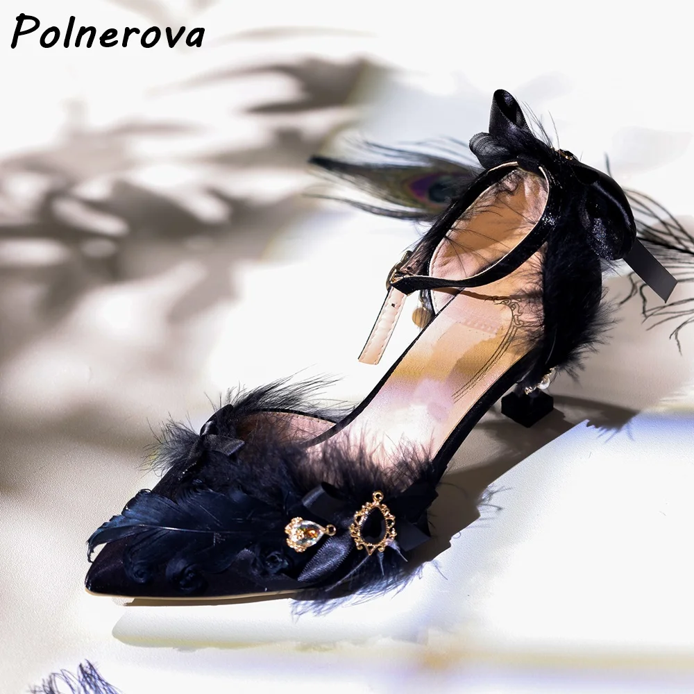 รองเท้าส้นสูงแบบมีสายรัดข้อเท้าประดับคริสตัล ปลายแหลม ส้นบาง แบบโปร่ง สไตล์โลลิต้า  ตกแต่งด้วยขนนกยูง  รองเท้าแฟชั่นสไตล์หวานสำหรับผู้หญิง