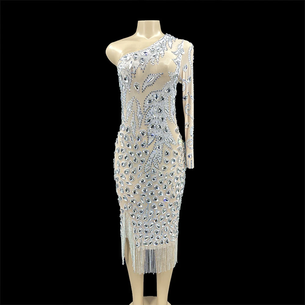 Customized New Sexy Oblique Shoulder Lace Transparent Diamond Sequins  Water Diamond Wrap Hip Dress Party Dress Performance