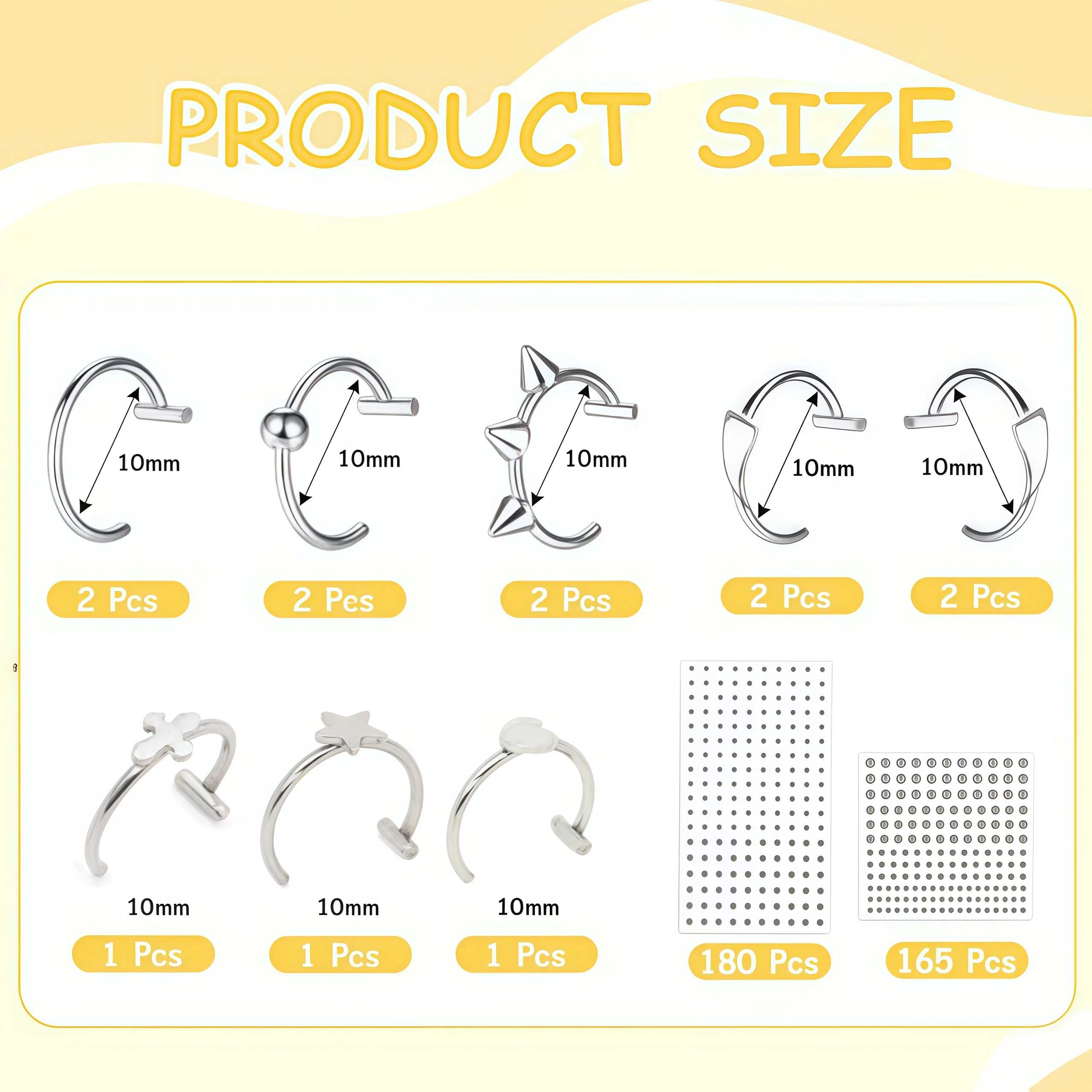 Silver Clip‑on Fake Lip Nose Rings Non‑Piercing Punk C‑Shape Cuffs 10mm Set with Fake Piercing Stickers for Women Men