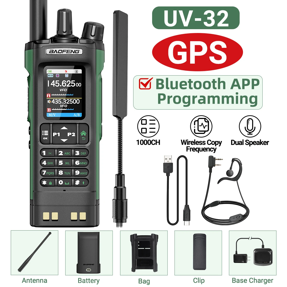 BAOFENG UV-32 GPS Walkie Talkie 10W Multi Band Bluetooth Programmering Draadloze Kopieerfrequentie NOAA Lange afstand Ham Two Way Radio