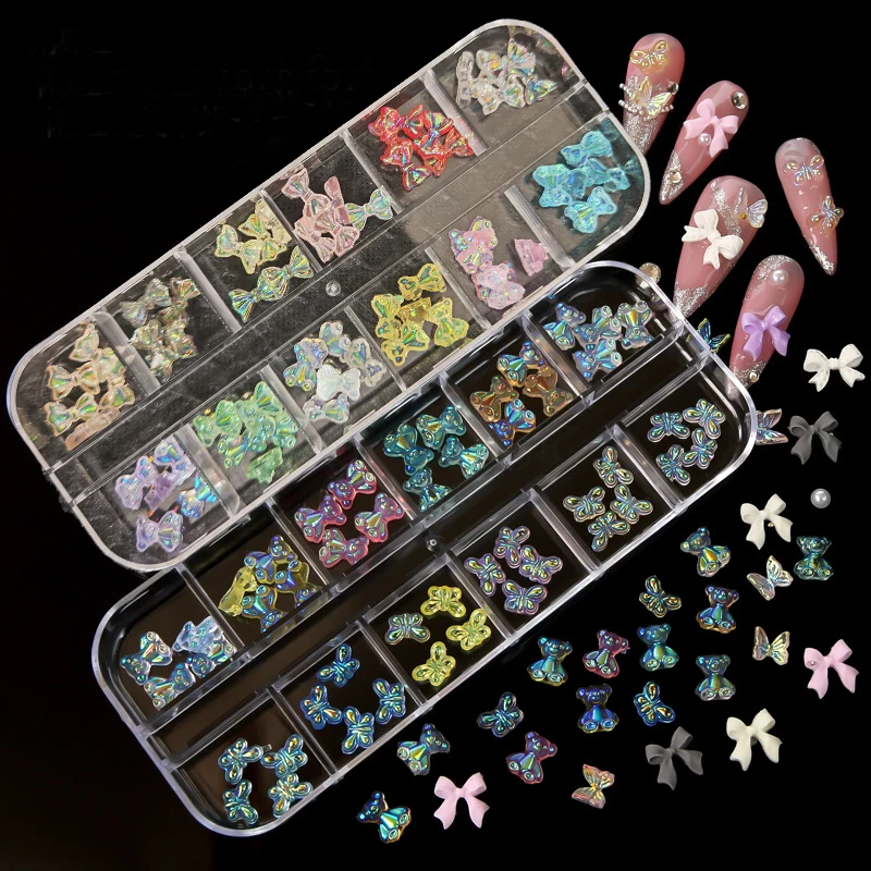 

60Pcs 3D Crystal Bow Aurora Bear Nail Decoration Figures For Kawaii Resin Parts Bear/Butterfly Japanese-Korean Creativity