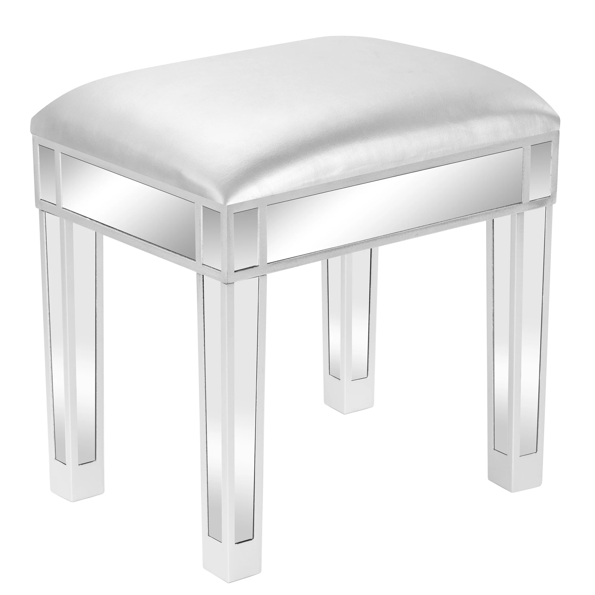 

Modern Style Mirrored Vanity Stool Leather Dressing Stool with Storage Space Silver Gray / Black 43x33x46CM[US-Stock]