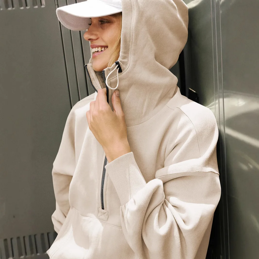 Women's Hooded Sweatshirt Sports Zip Up Pocket Hoodie Solid High Waist Drawstring Long Sleeved Top Jacket for Streetwear