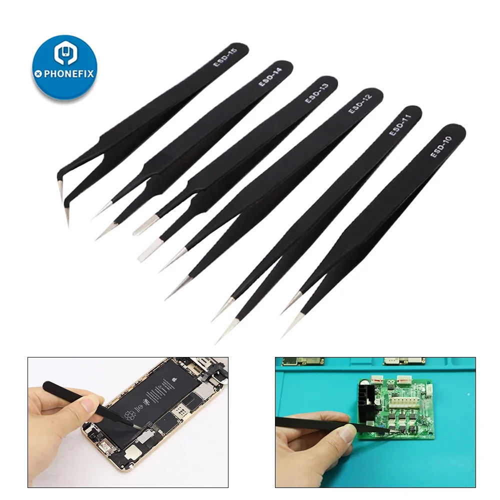 

PHONEFIX 6pcs/lot ESD Precision Tweezers Anti-static for Electronic Component Cell Phone Soldering Repair Tweezers Set