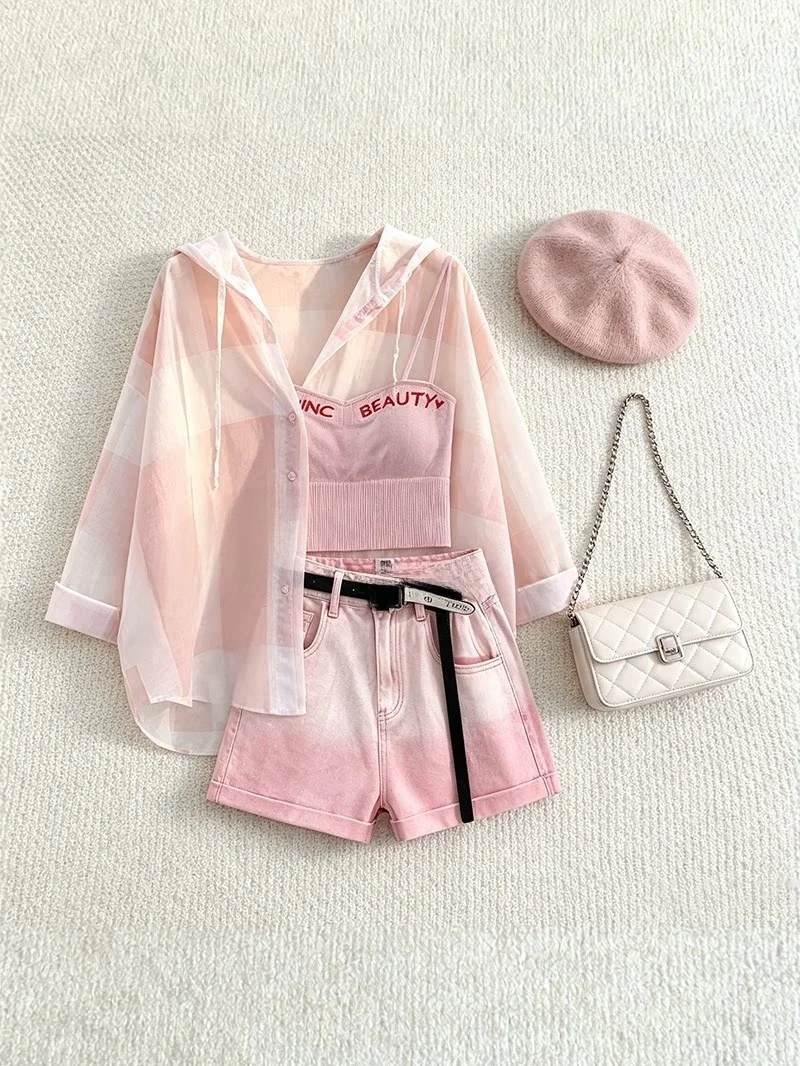 Casual Autumn Set Women's Design Sense Pink Gradient Denim Shorts Three-piece Set Checkered Shirt Strap Polyester Fiber Shorts