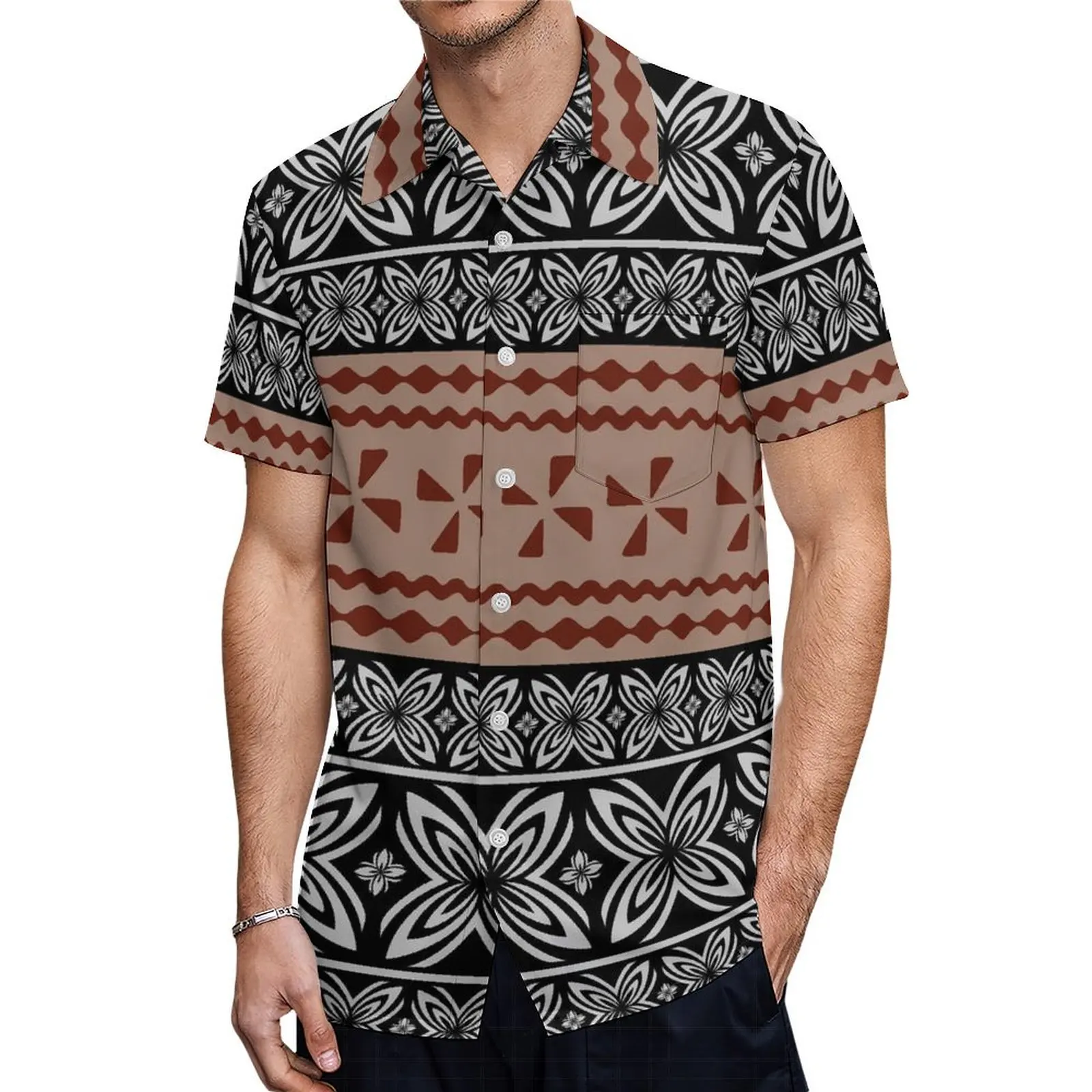 Polynesian Design Fashion Half-Sleeve Dress Samoan Tribe Custom Pattern Puletasi Two-Piece Suit With Men'S Shirt Couple Suit