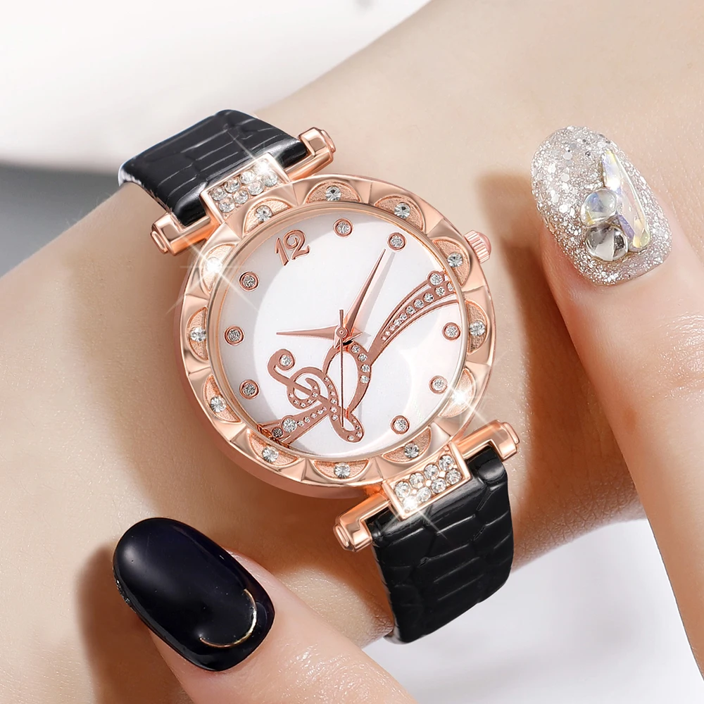 Women's Light Luxury Casual Fashion Leather Watch Strap Quartz Watch No Logo Note Dial Watch Set No Box