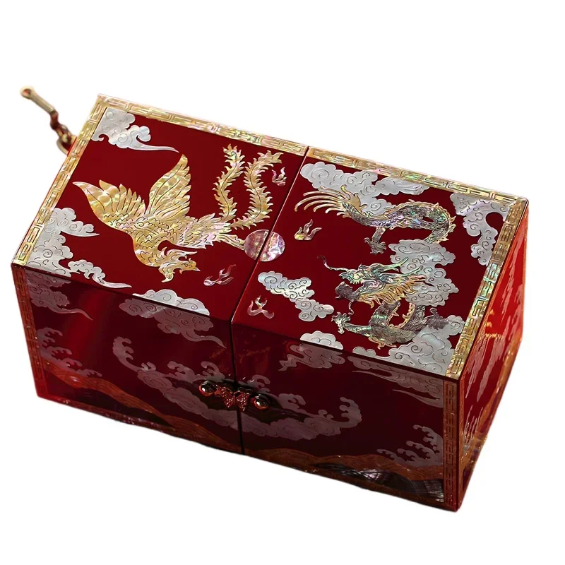 

Jewelry box dragon and phoenix auspicious Chinese style high-end wooden wedding engagement gift storage box brocade