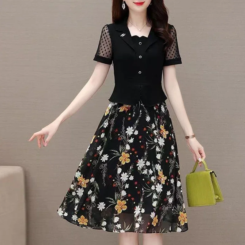 

Summer Fashion Floral Printing Midi Dress Women High Street Casual Short Sleeve Elegant Dresses Button Fake Two Pieces Vestidos