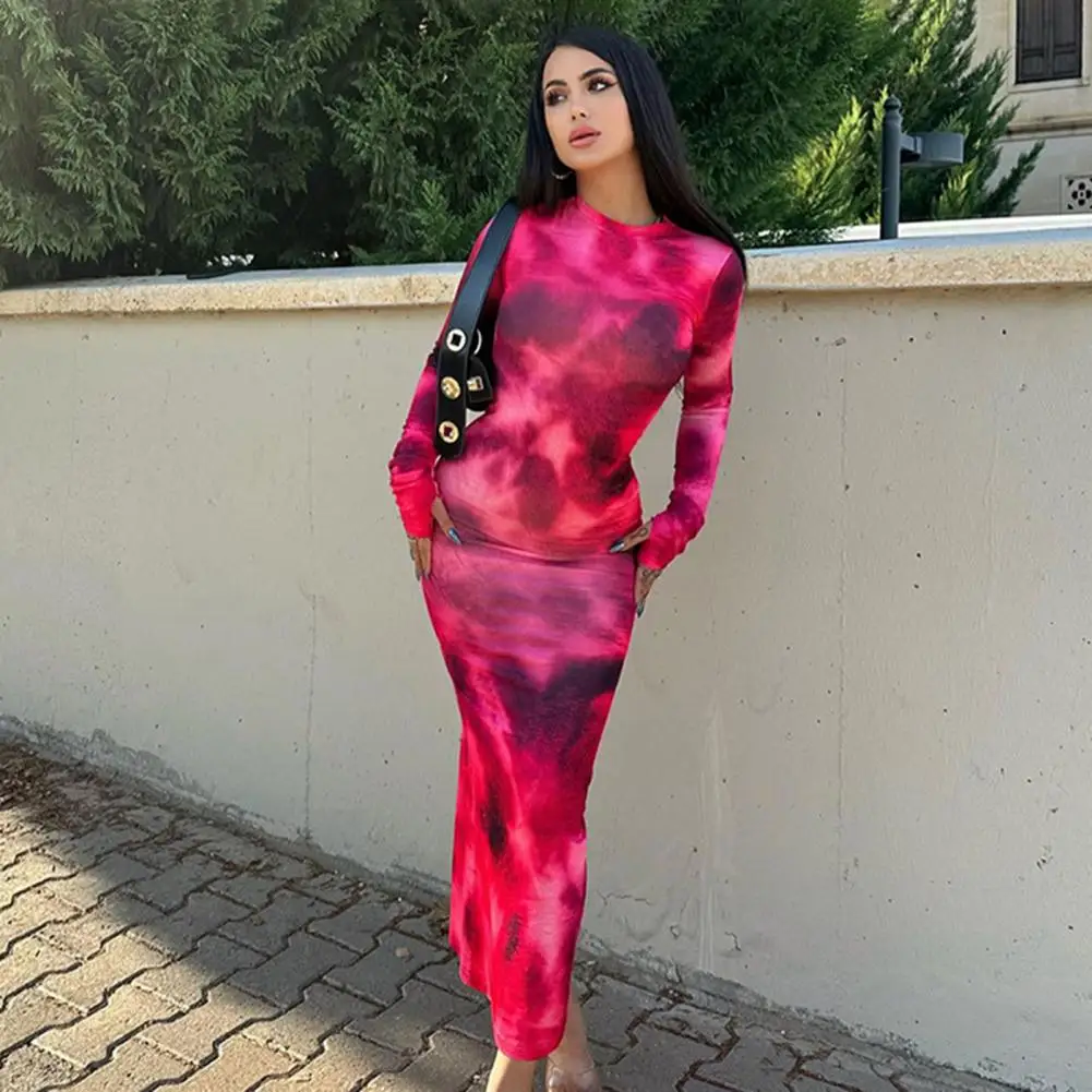 Tie Dye Slim Fit Hot Girl Jurk Lange Mouw Trendy High Street Party Attirewear Maxi Jurk Sexy Lente Herfst Bodycon Jurk