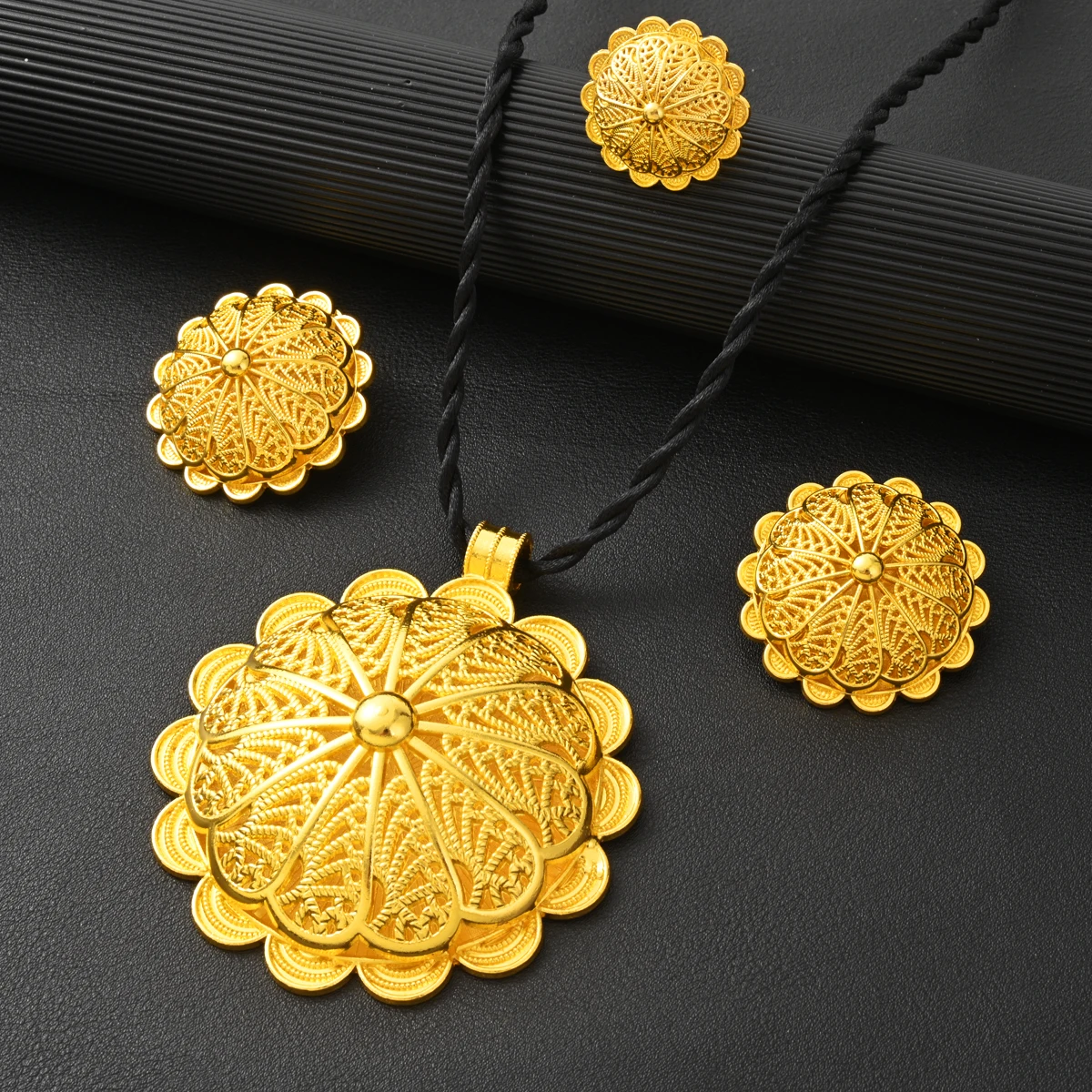 Classic 3PCS Golden Color Ethiopian Jewelry Set Big Hollow-out Flower Pendants Earrings Ring Set African Eritrean Wedding Gift