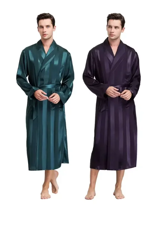 Bata de talla grande 3XL 4XL 5XL para hombre, ropa de dormir, Kimono a rayas azul marino, albornoz con bolsillo, ropa de verano de satén para el hogar, ropa de salón