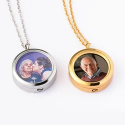 Stainlesss Steel Round Pendant Urn Necklace Custom Photo Name Text Personalized Jewelry for Memorial Pet Ashes Keepsake