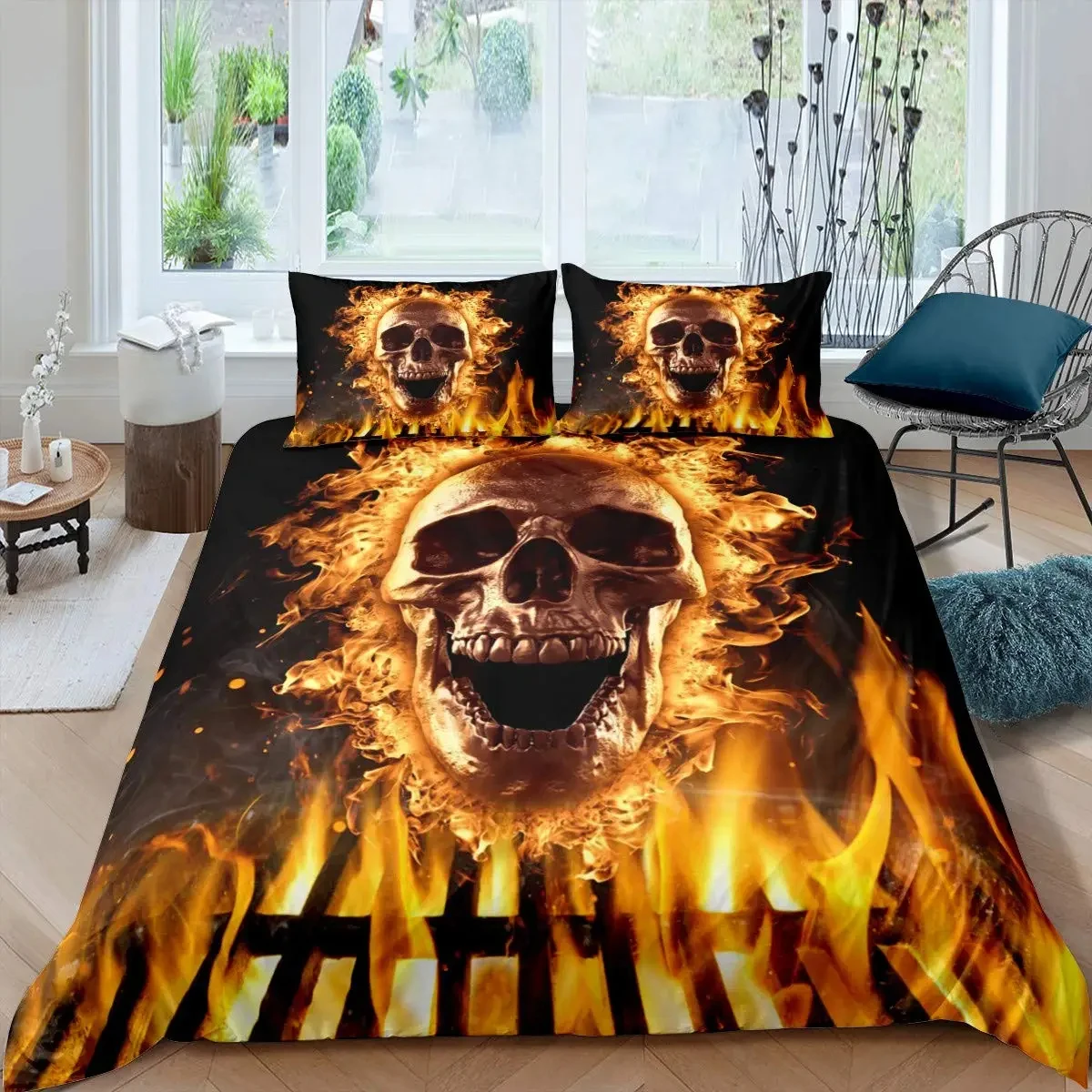 Black Blue Flame Skull Duvet Cover Set Full Size 3D Skeleton Bones Bedding Set Gothic Comforter Cover Horror Skull Quilt Cover