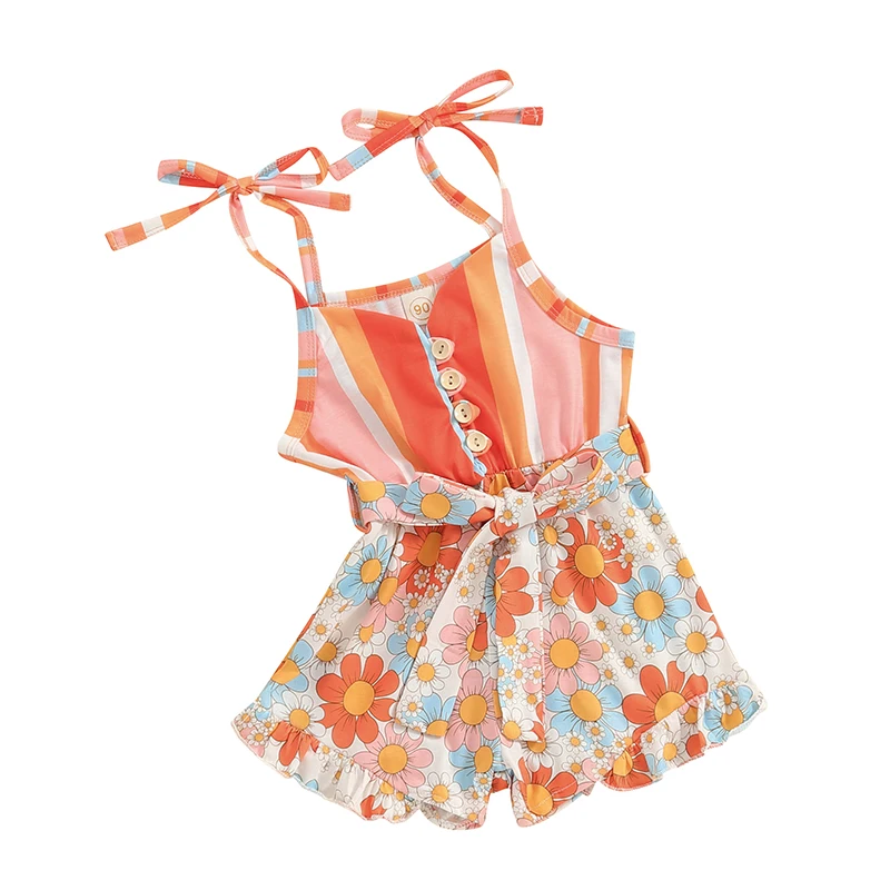 

Kid Girls Jumpsuit, Spaghetti Straps Stripes Flower Print Romper Clothes with Belt for Party Casual