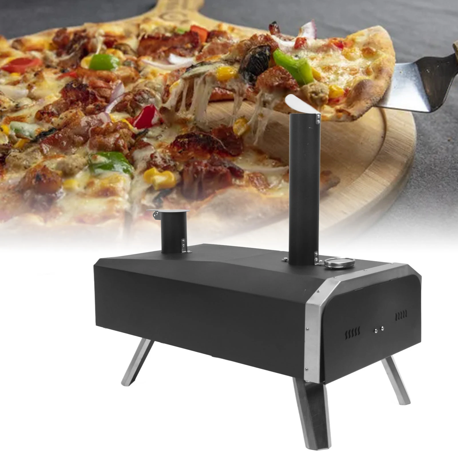 Holzbefeuerter Pizzamaker, Pizzaofen, dicker, lebensmittelechter Edelstahl, 30,5 cm, ausgewogene Verbrennung mit abnehmbarem Kamin für den Garten