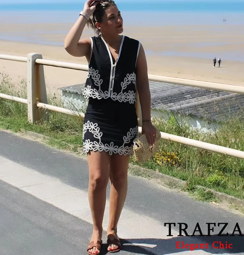 TRAFZA-Mini-saia bordada de luxo para mulheres, colete sem mangas, conjunto viajante de férias, casual, novo, verão, 2024