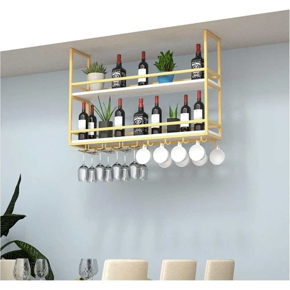 

Wine Glass Rack with Shelves and Plant Stand Wall Mounted Double Ceiling Hanging Wine Rack for Glasses and Plants Free Standing