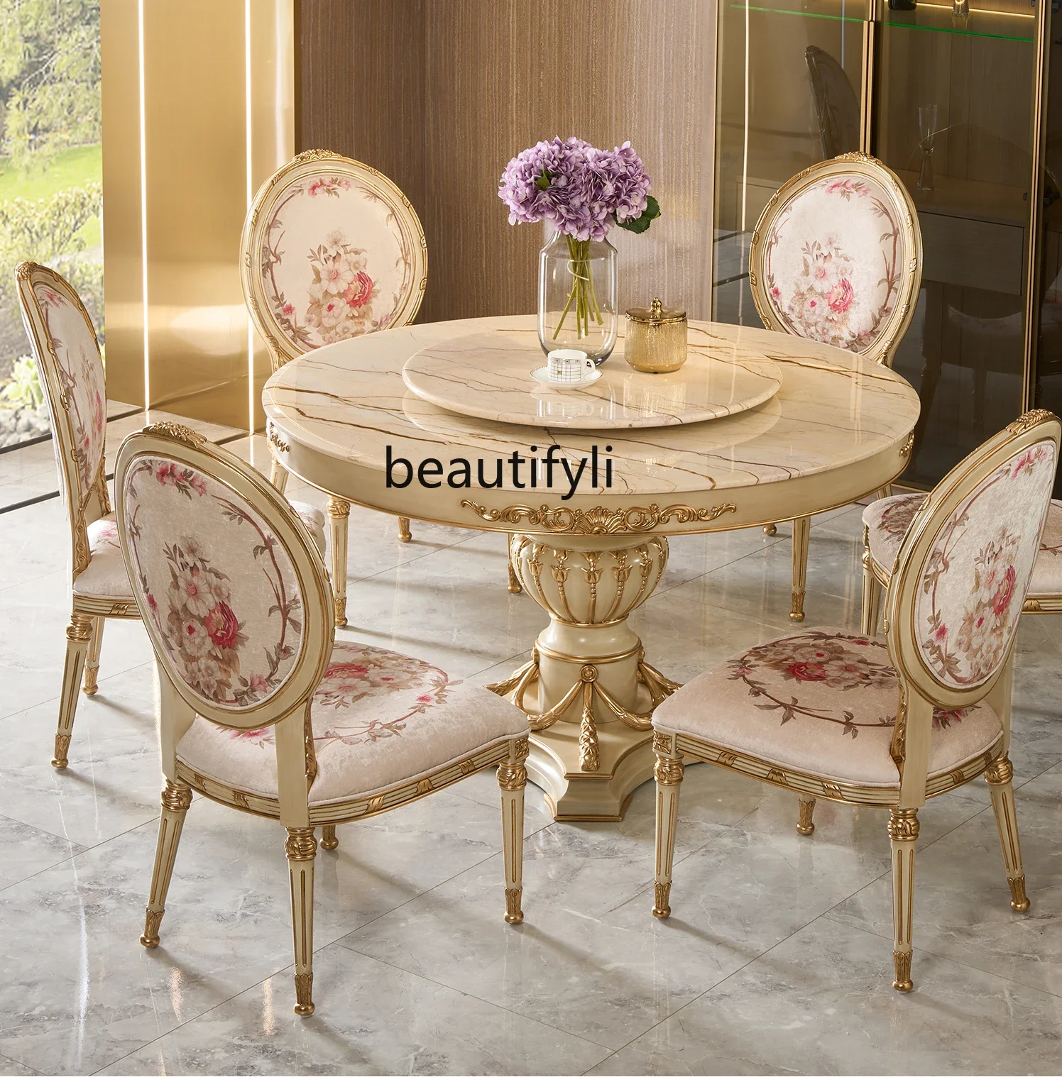 Designer Model Court Retro Small French Natural Marble round Table European Beech Turntable Table