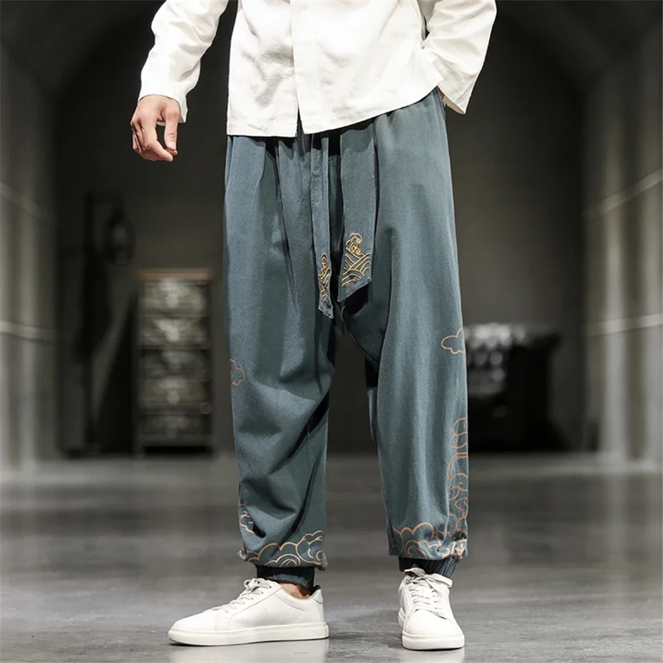 Linen Pants Men Summer Harem Pants Chinese Style Cloud Embroidery Pants Loose Elastic Waist Trousers Male