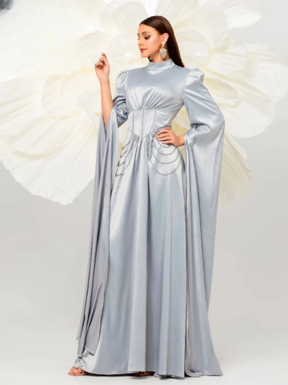 

Customized Classic Charmeuse Pleat Sash Beading A-line High Collar Long Dresses Bespoke Occasion Dresses Exquisite Fashion Retro