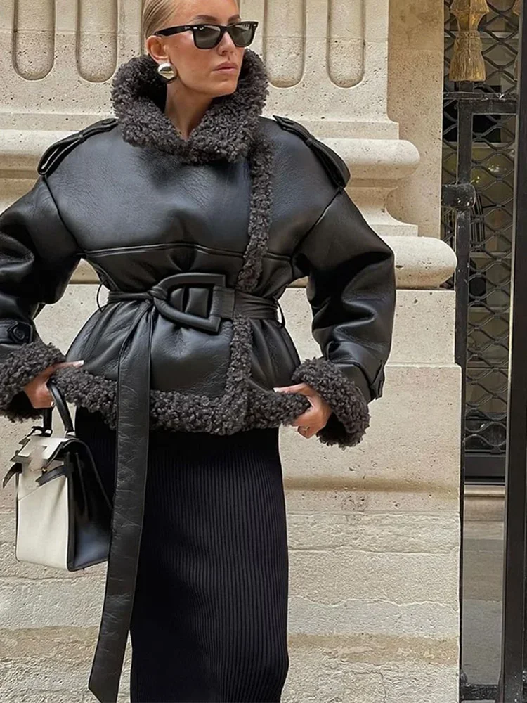 2025 Winter New Lady Commuter Streetwear Vintage Black Lamb Wool Jacket Lapel Long Sleeves Thick Warm Coats Lace Up Casual Coat