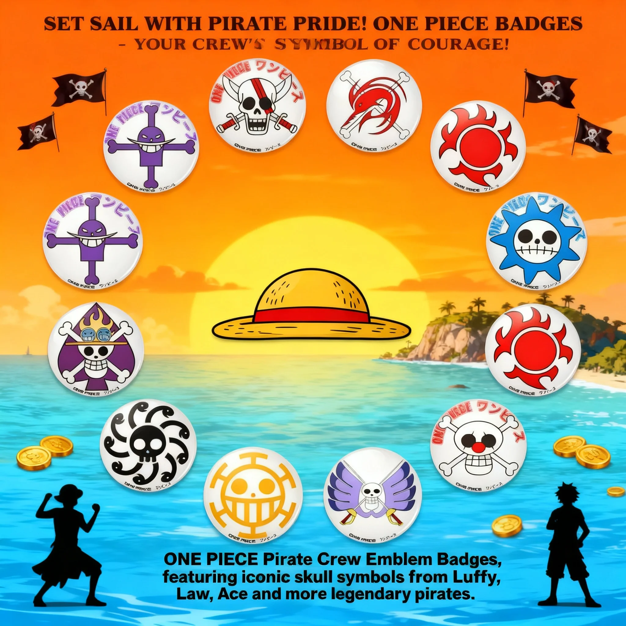 

One Piece Anime Badge Backpack Keychain Mirror Fridge Magnet Jolly Roger Warlords of the Sea Cosplay Accessories Gift for Fans