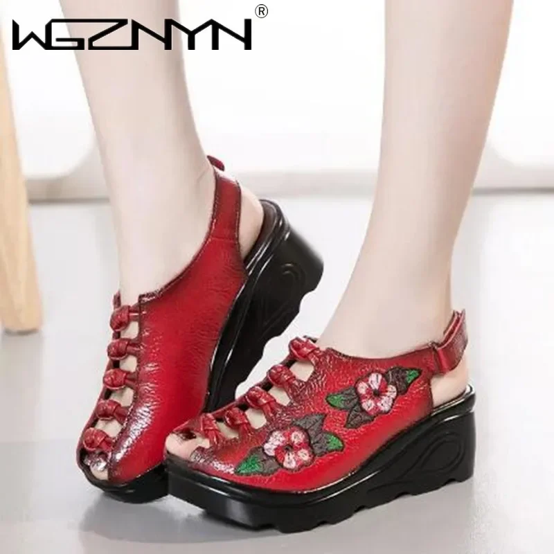 Fashion Genuine Leather Embroidery Sandals for Women 2025 New Retro Casual Summer Platform Sandals Women Wedges High Heel Shoes